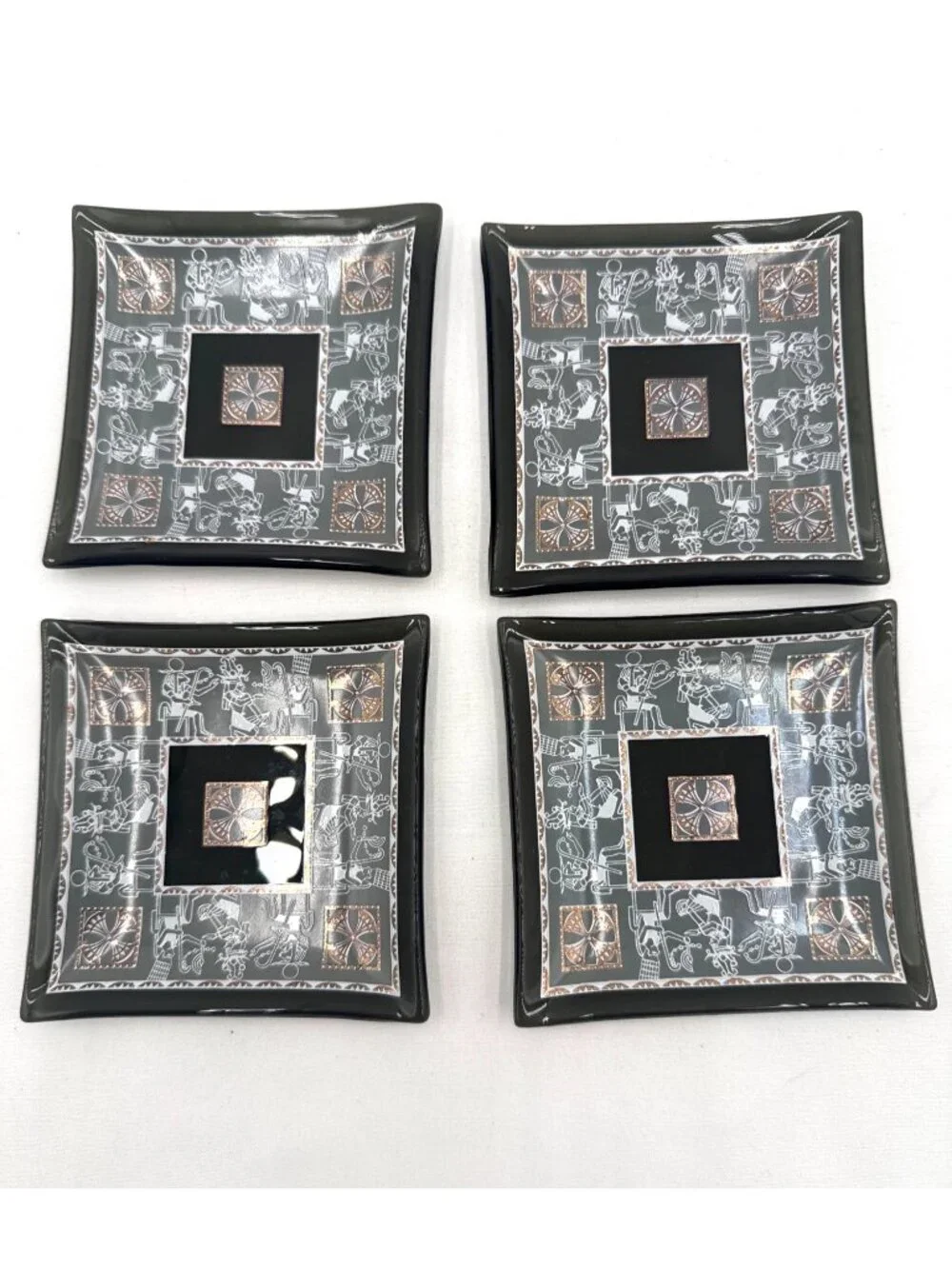 Set Of 4 Black & Gray Glass Square Dishes Intricate Tribal Art Design 3.5